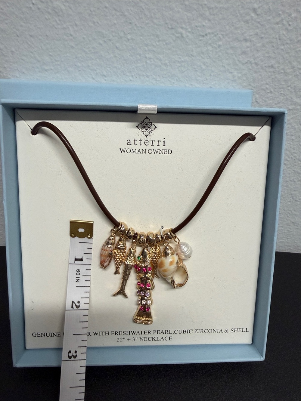 Atterri | Coastal Chic Leather Freshwater Pearl Shell Ocean Motif Charm Necklace - Picture 5 of 8